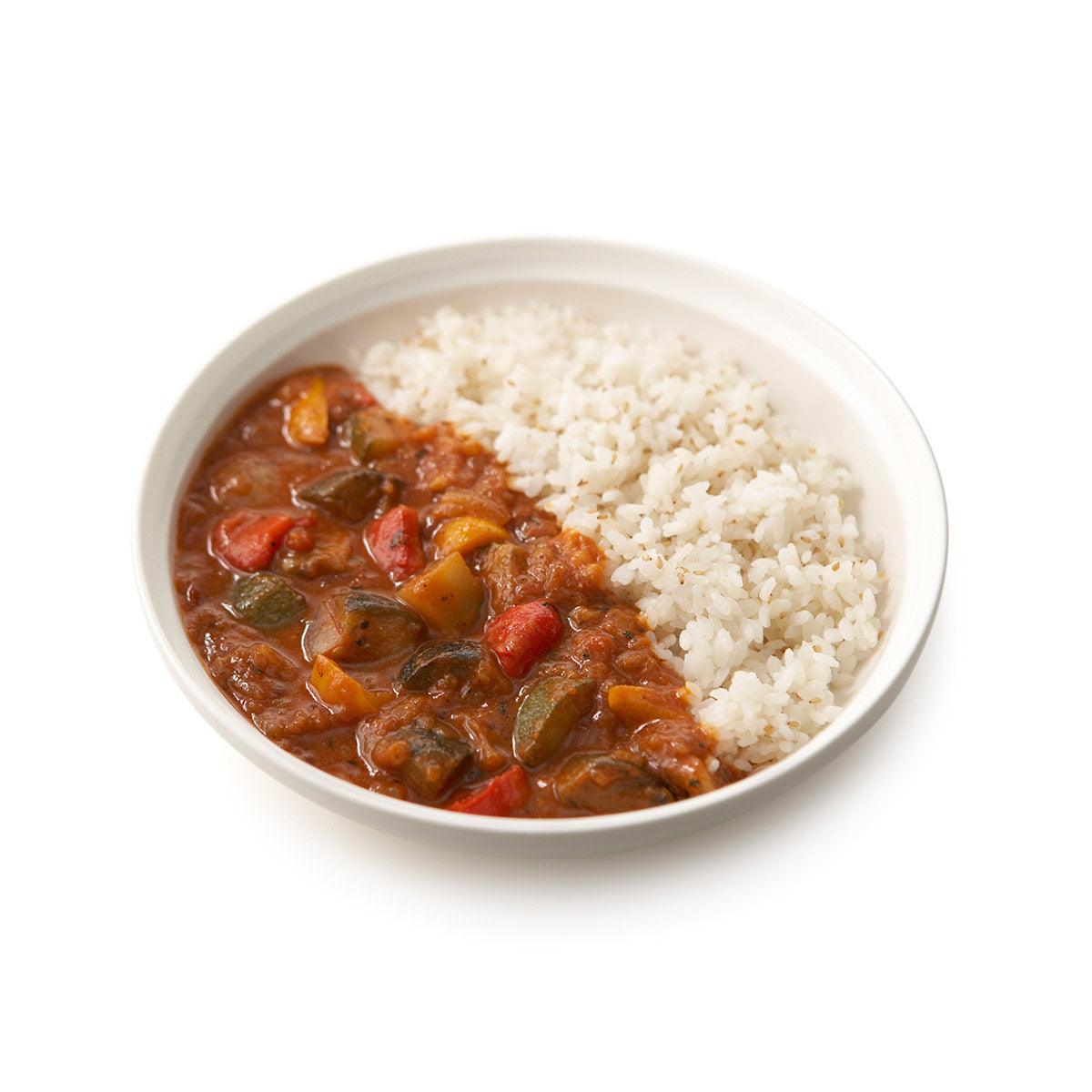 Ratatouille curry with rice in a bowl