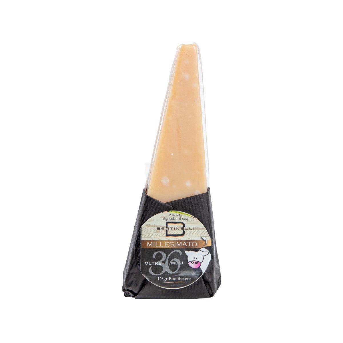 Aged hard cheese wedge, pale yellow, sealed in black wrapper