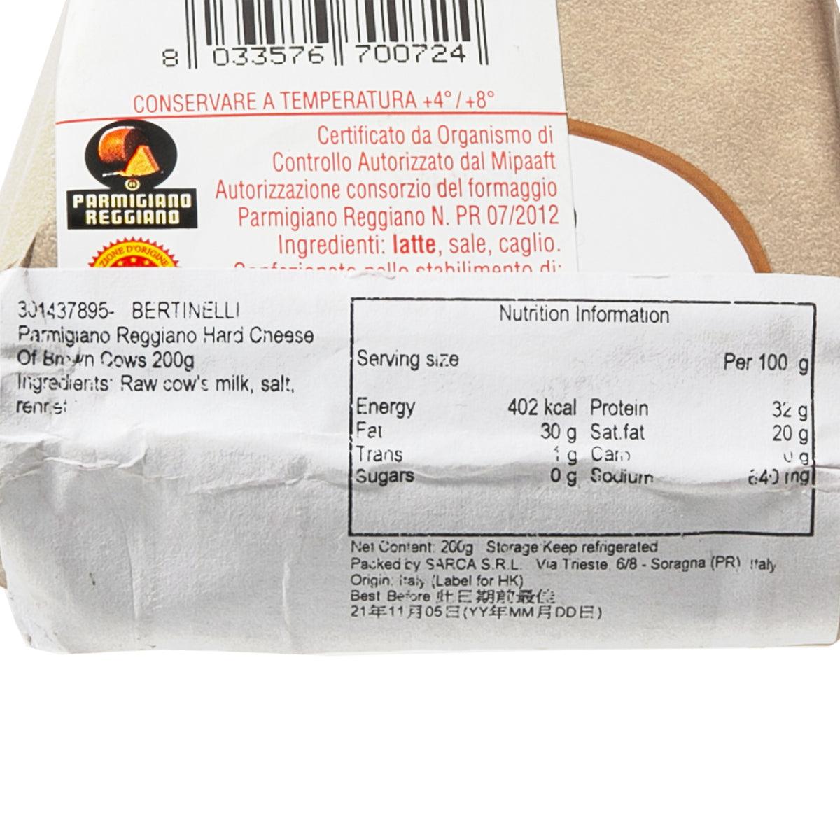 BERTINELLI Parmigiano Reggiano cheese package label with ingredients and nutrition info