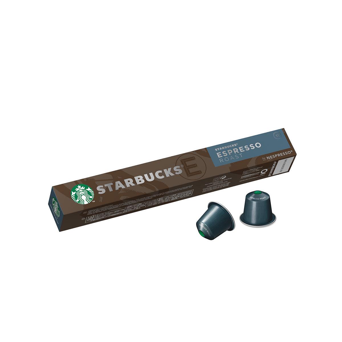 Espresso roast coffee capsule box with two blue aluminum-style capsules