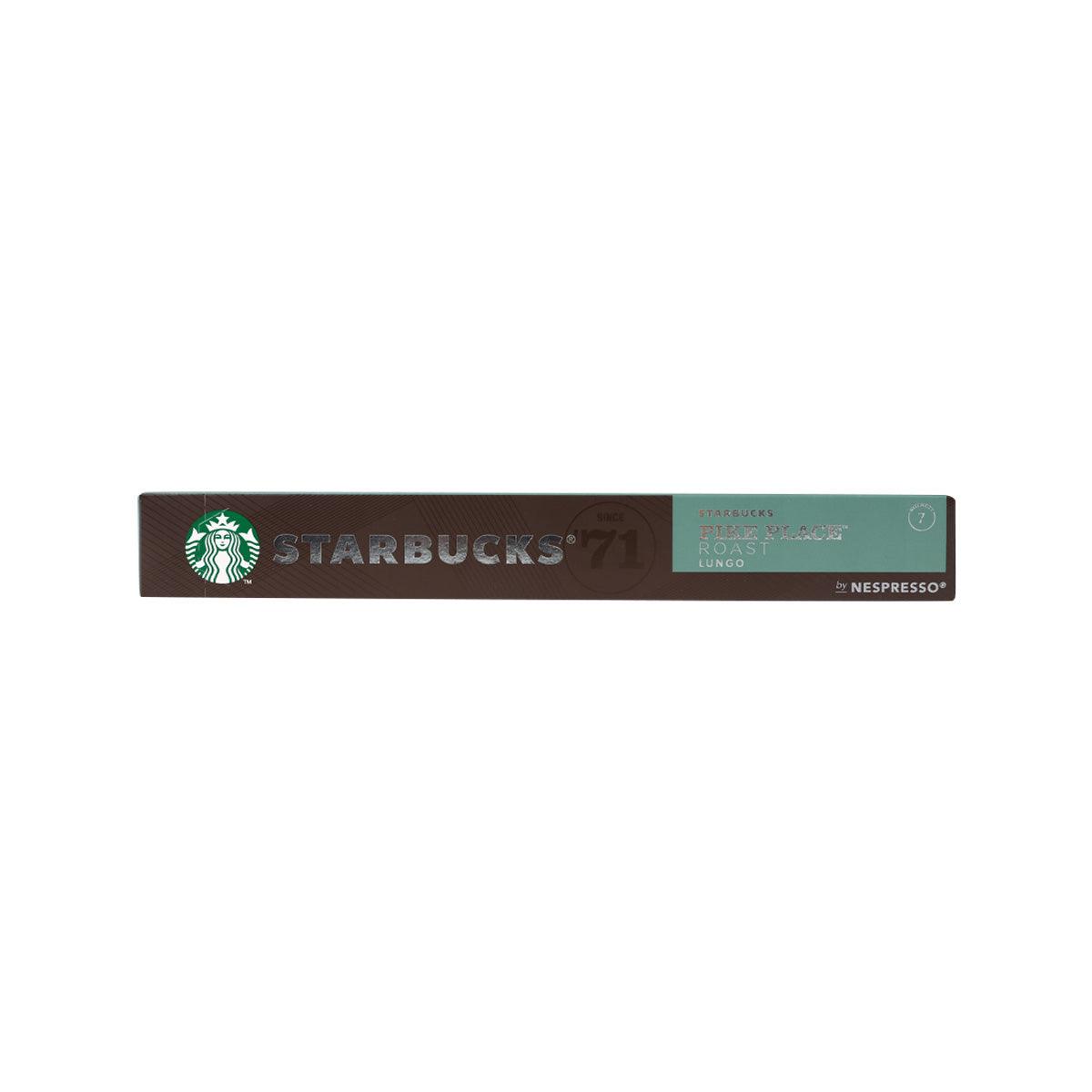 STARBUCKS Pike Place lungo coffee capsule box with Nespresso mark, dark brown/green.