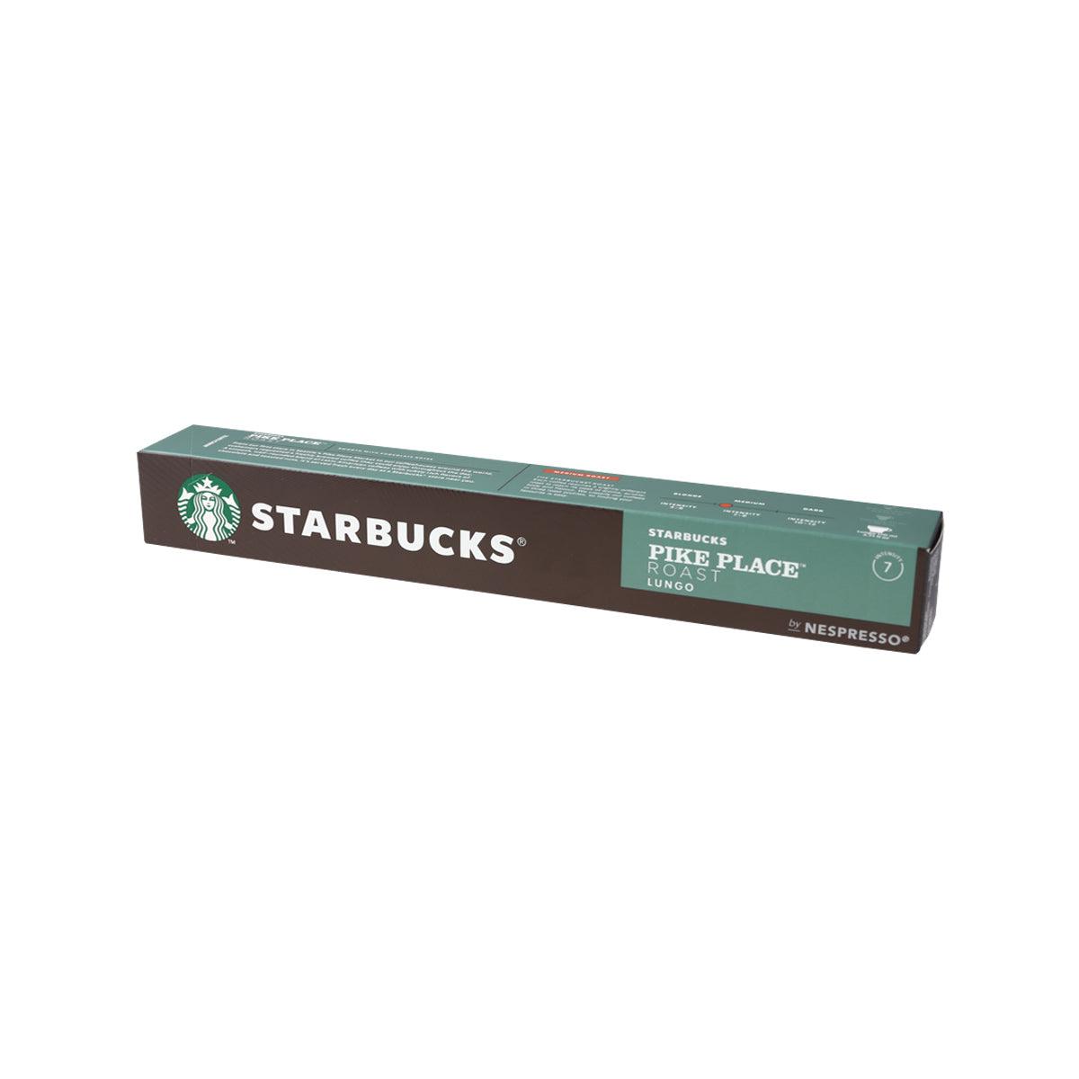 STARBUCKS Pike Place lungo coffee capsule box, green wrap with dark brown sides.