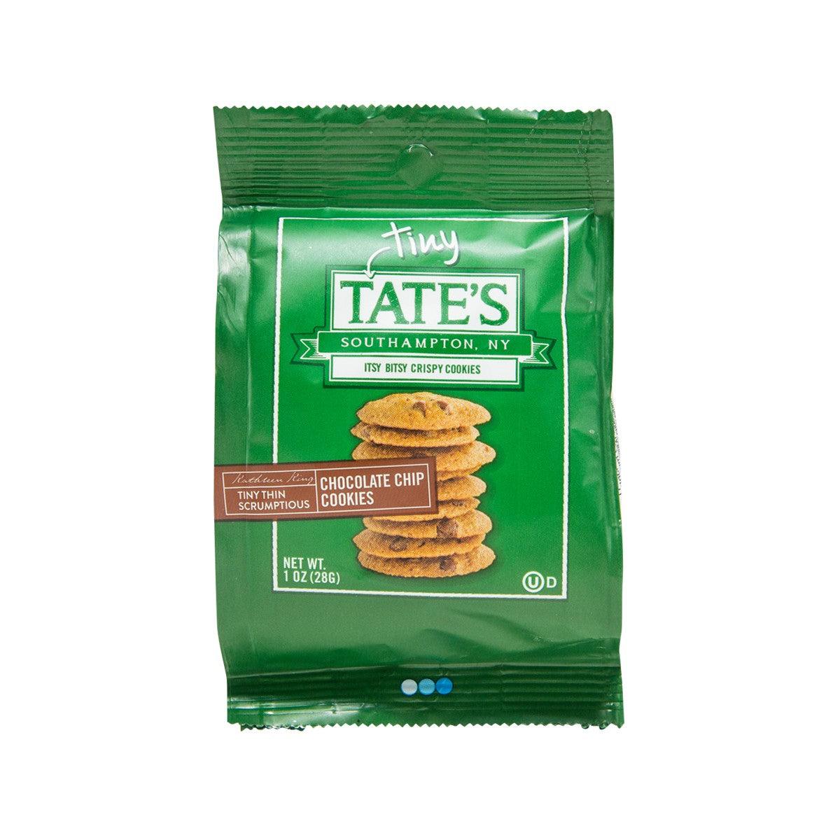 Tiny chocolate chip cookies snack pouch, green bag with cookie stack graphic