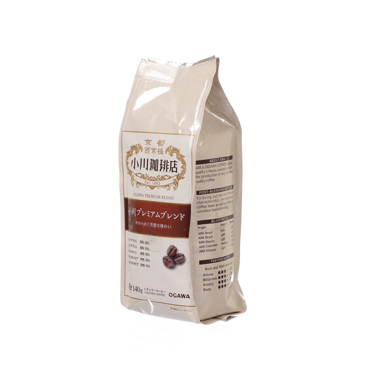 OGAWA ground coffee blend bag, 140 g, side panel with product details