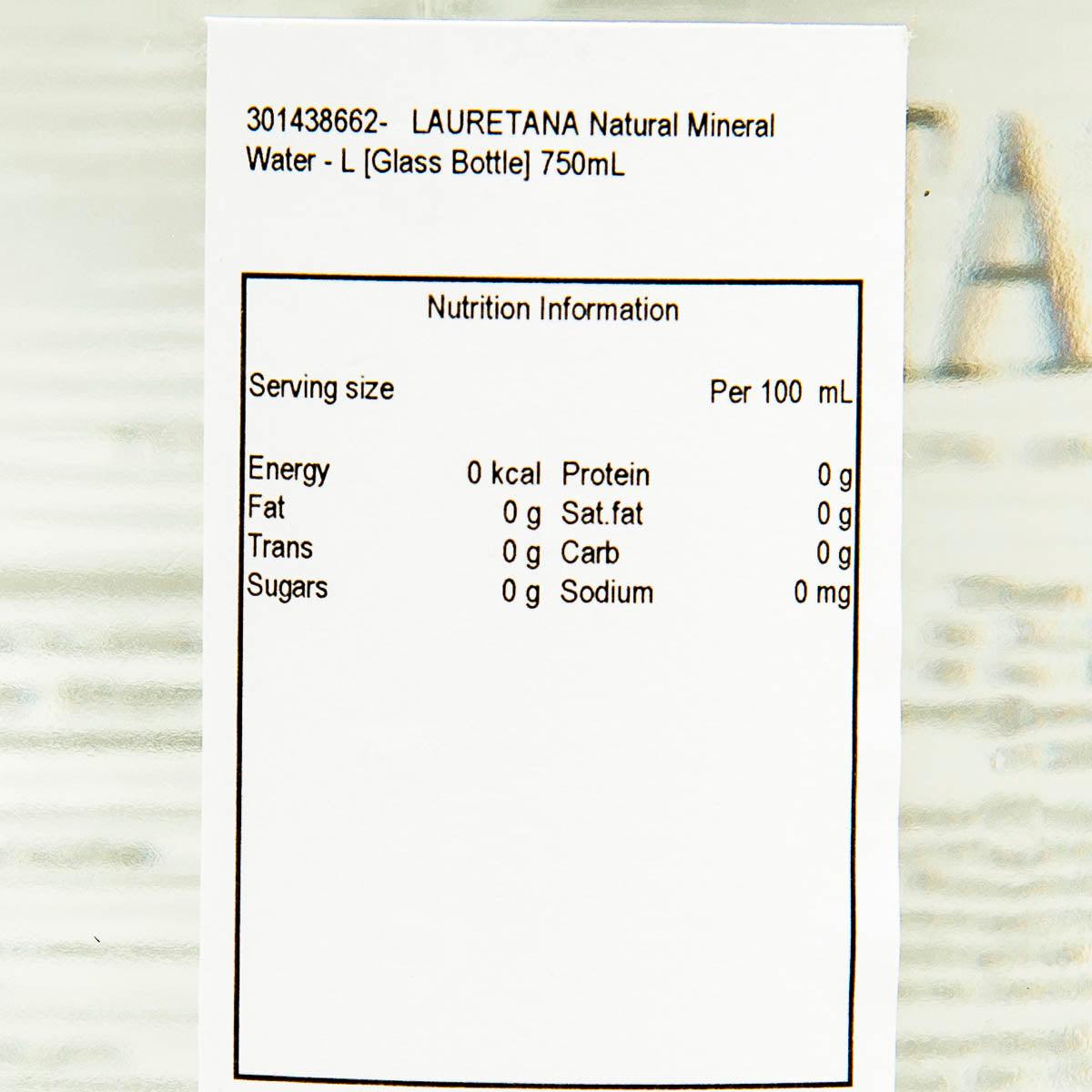 LAURETANA natural mineral water nutrition information label on glass bottle