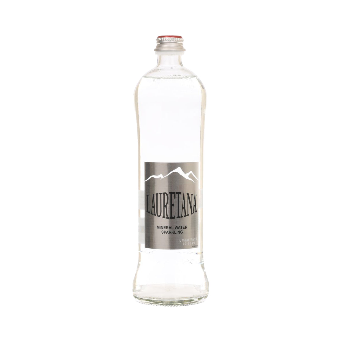 LAURETANA sparkling mineral water glass bottle with red cap, clear bottle, 750 mL