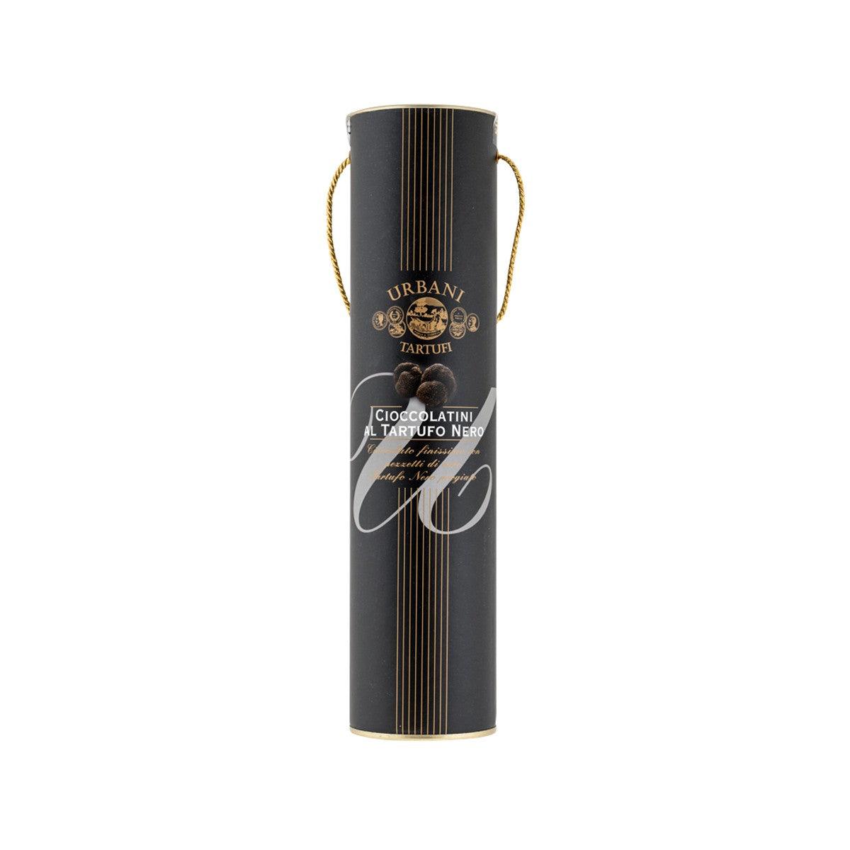Black URBANI truffle chocolate tube with gold handles, cylindrical 200g packaging.