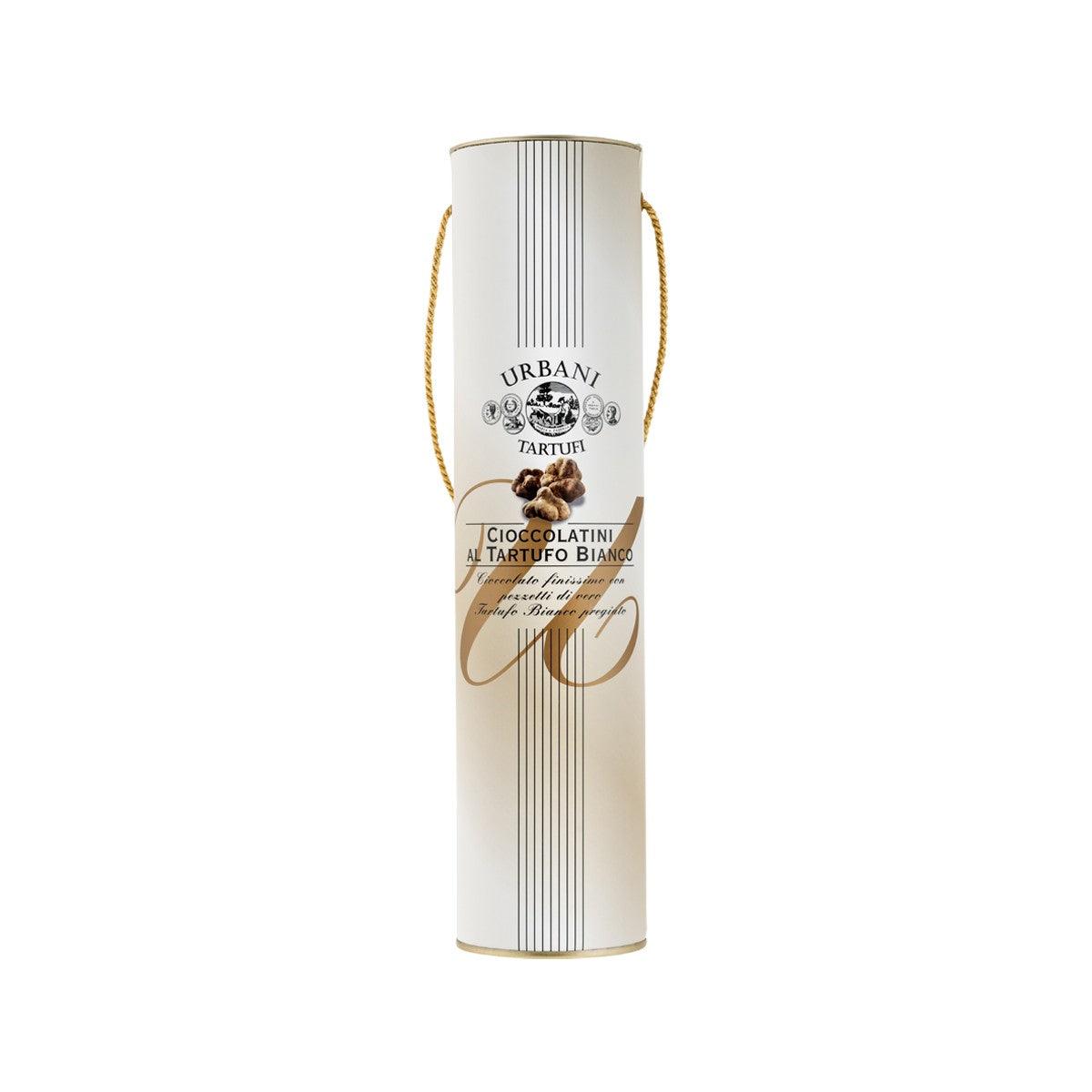 URBANI white truffle chocolate tube, cream cylindrical package with gold rope handle