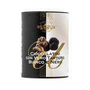 URBANI truffle chocolate bonbon tube, black and white split design with gold accents
