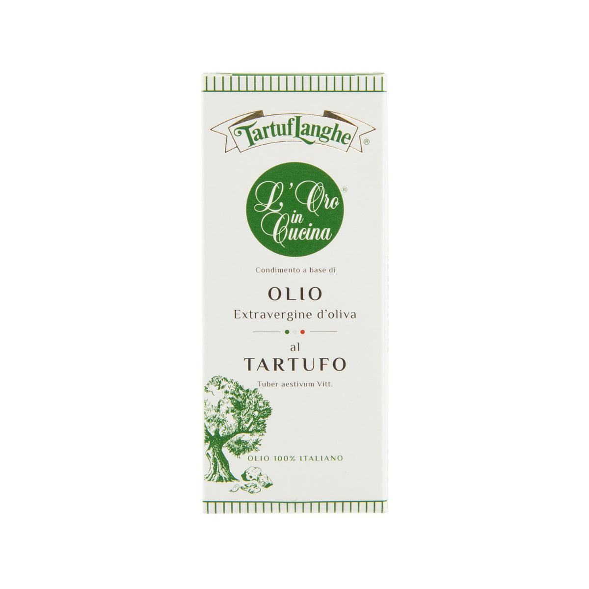Truffle olive oil carton, front label with green emblem and Italian olive graphics.