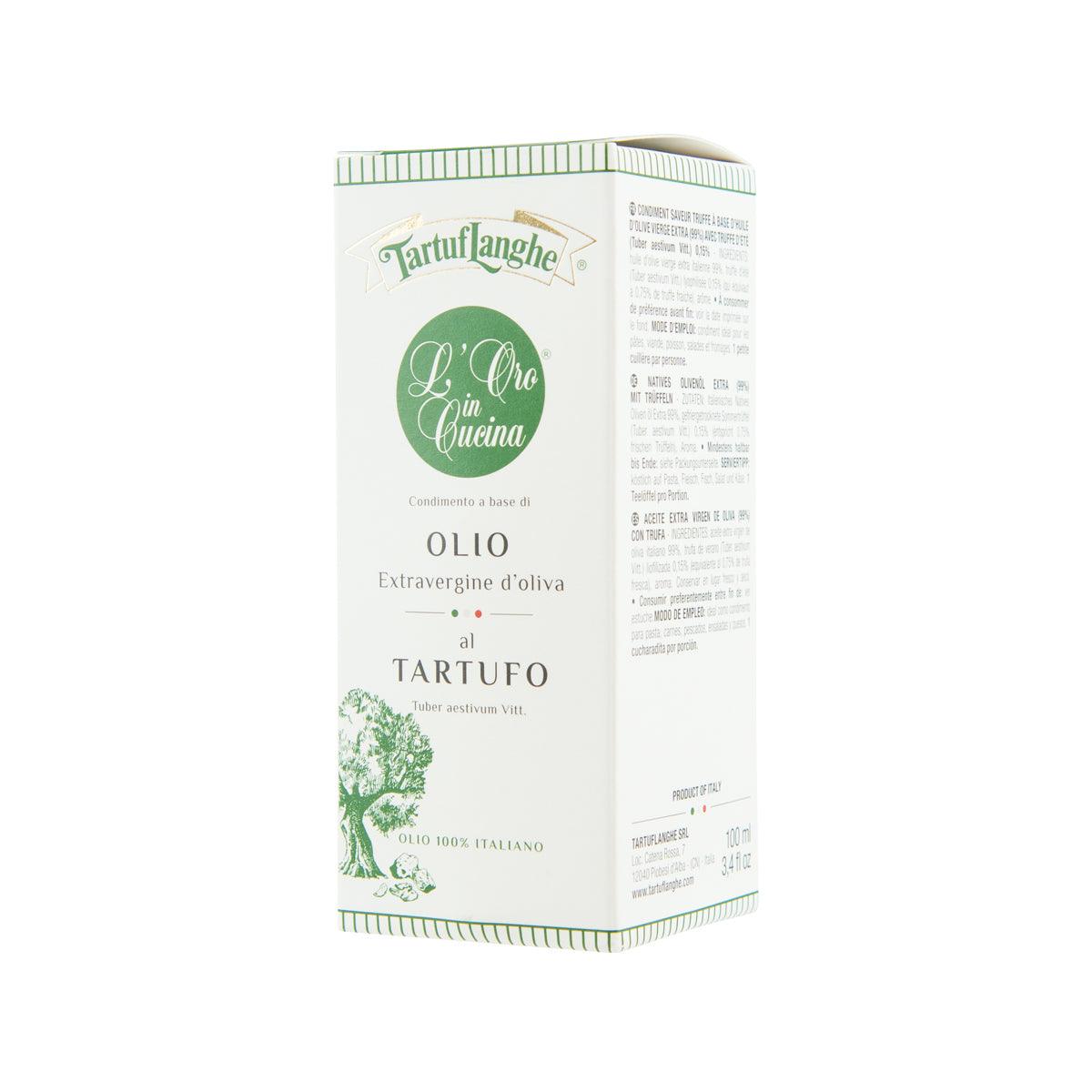 Truffle olive oil carton back panel, white box with small printed text and green trim.