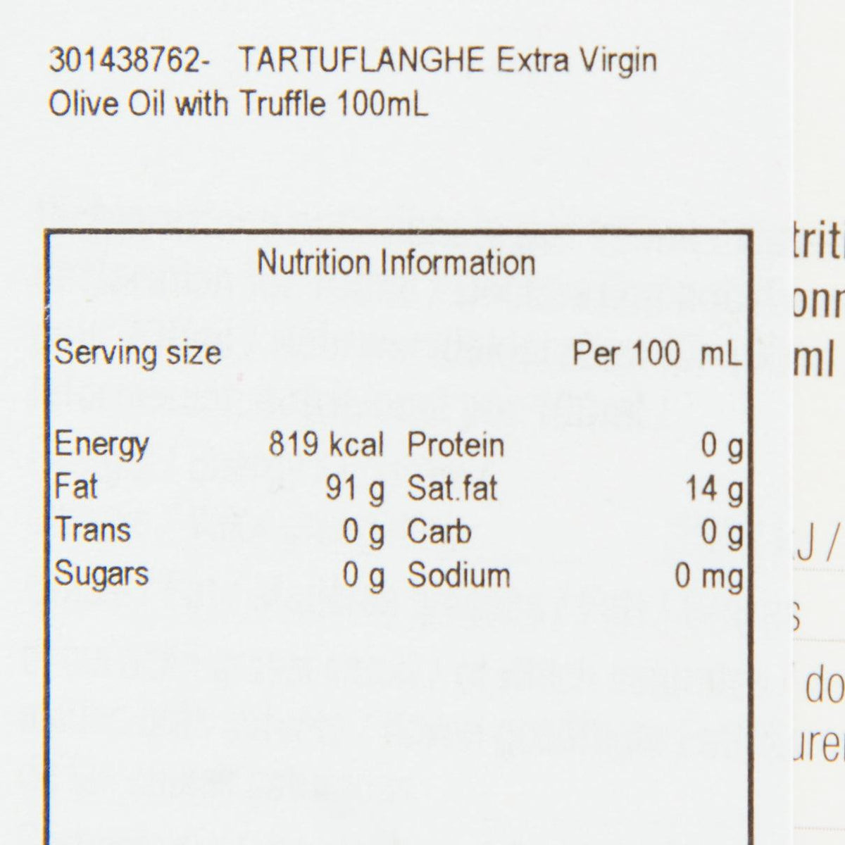 Nutrition information panel for truffle olive oil, serving size per 100 mL.