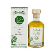 Truffle olive oil bottle and box, 100 mL, clear glass with green label.