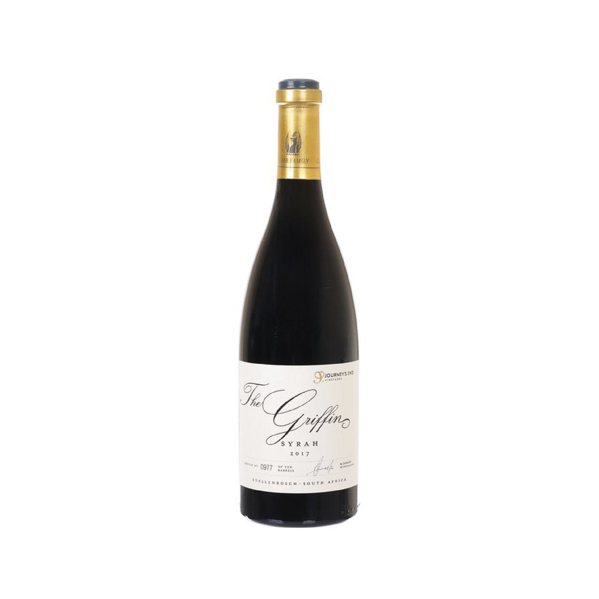 Syrah wine bottle with gold cap and front label on dark glass, 750 mL