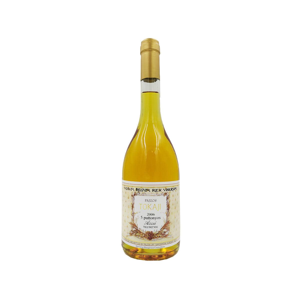 PAJZOS Tokaji Aszu wine bottle with gold cap and amber yellow liquid, 500 mL