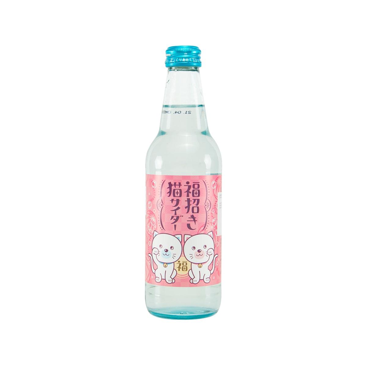 Lucky cat ramune drink bottle, clear blue cap, pink cat-themed label