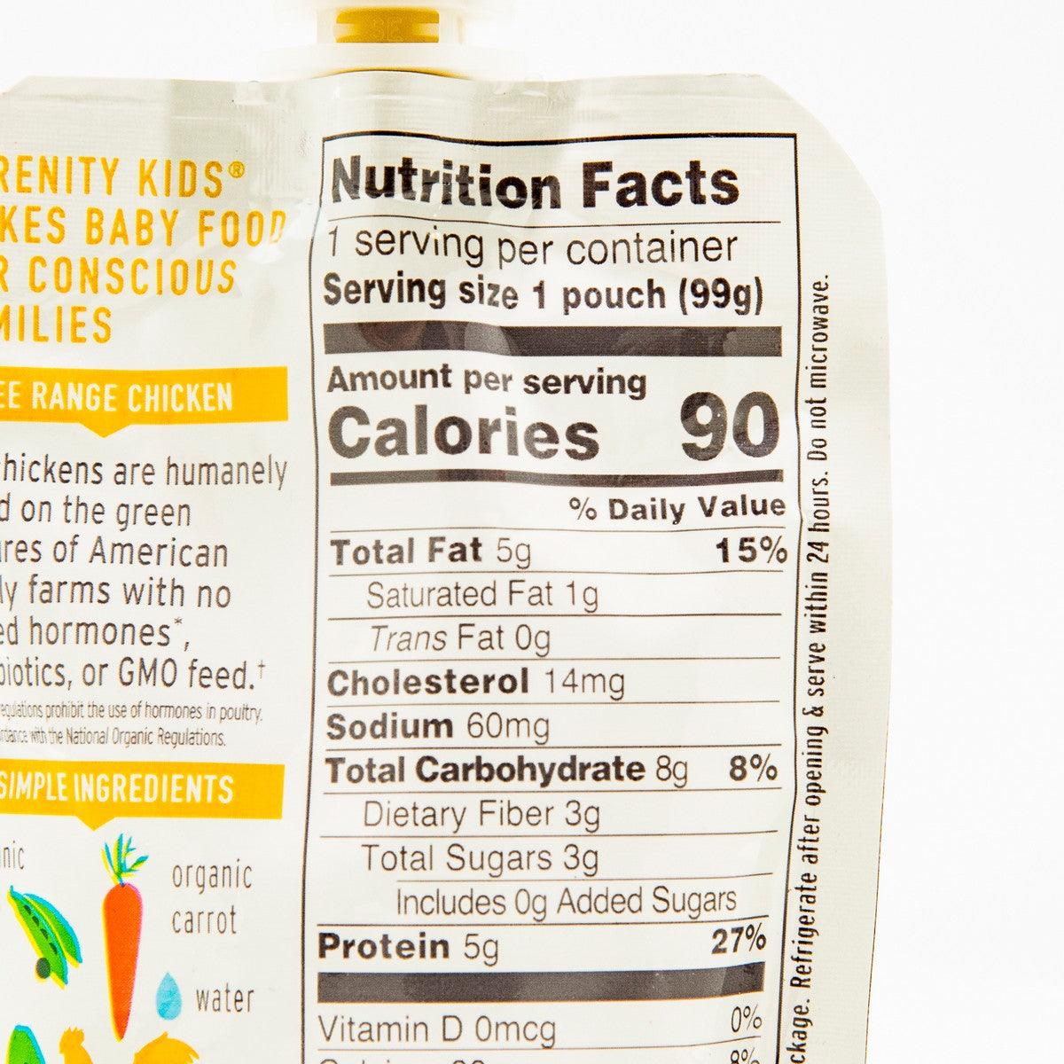 SERENITY KIDS nutrition facts panel for 1 serving pouch (99g)