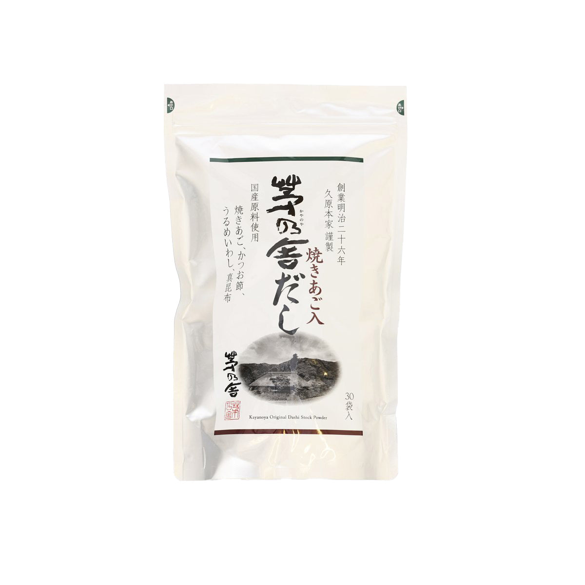 Dashi stock powder pouch, white stand-up bag with front label and 30 serving mark