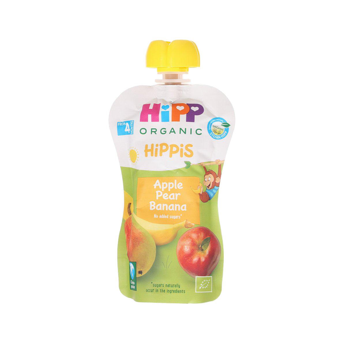 Organic fruit puree pouch: Apple, Pear & Banana, 100 g, yellow flip-top
