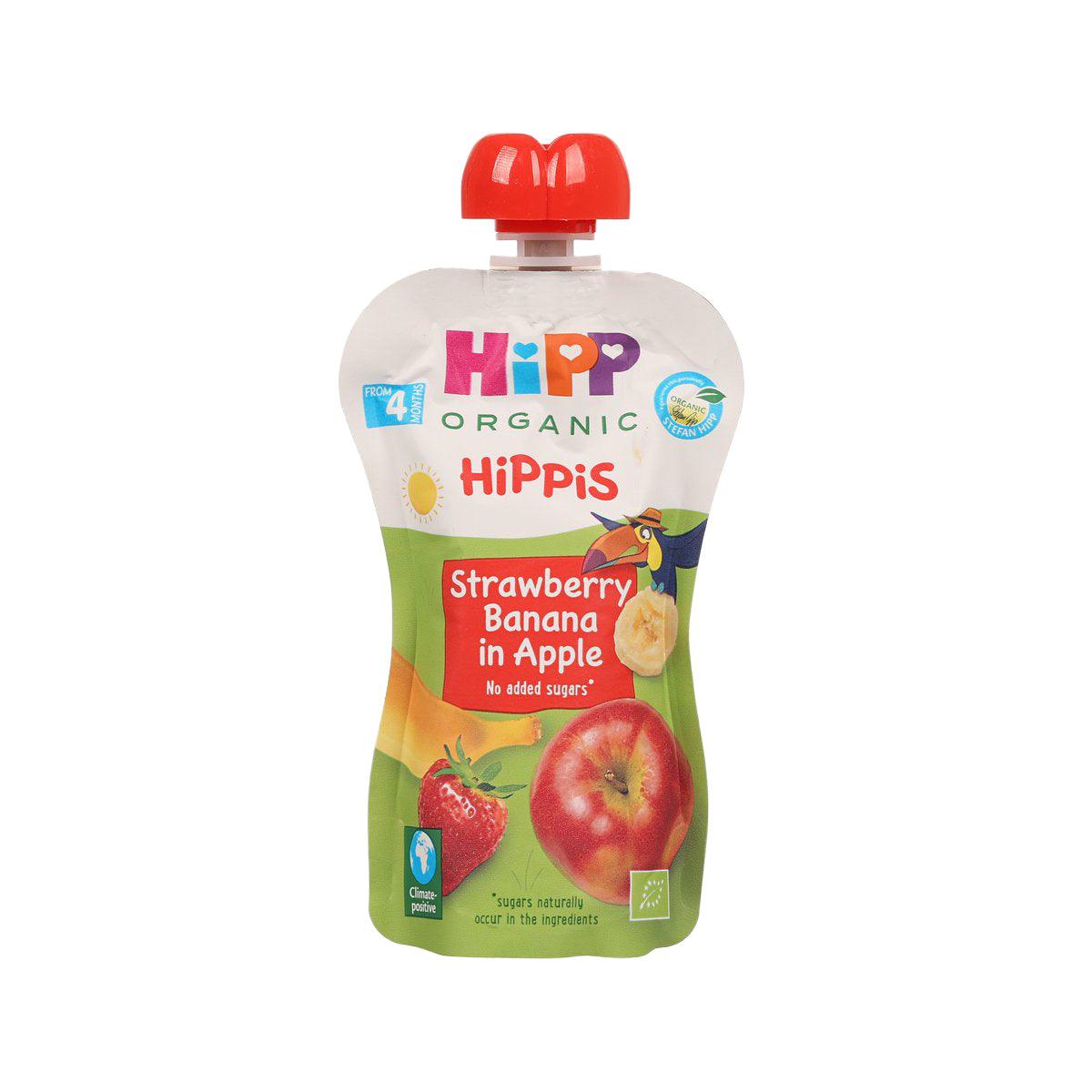 Organic fruit pouch with Strawberry Banana in Apple, red cap, front view