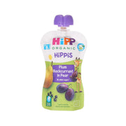 Organic fruit puree pouch, HIPP plum, blackcurrant in pear, purple spout