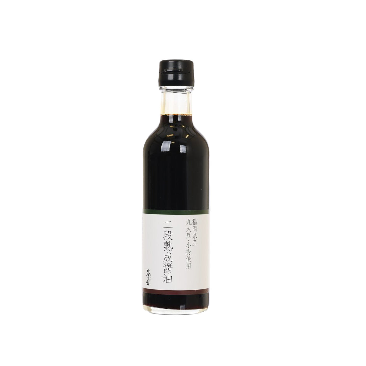 Soy sauce bottle with black cap and front label, glass container, 300 mL
