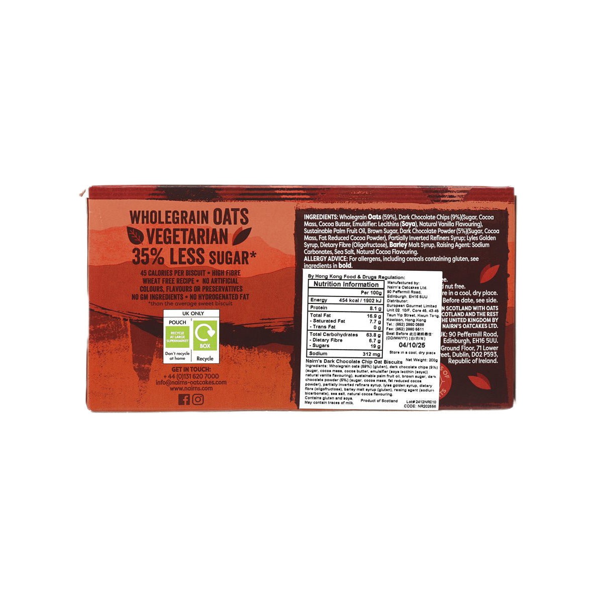 NAIRN'S dark chocolate chip oat biscuit box back, nutrition panel