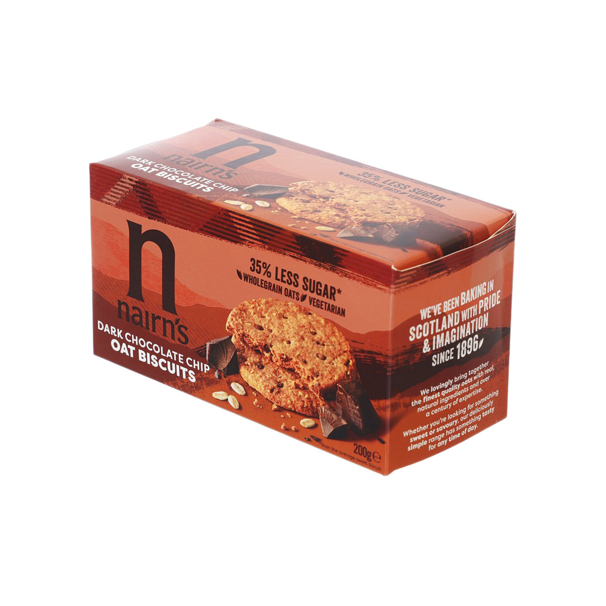 NAIRN'S dark chocolate chip oat biscuit box, 200g, side view
