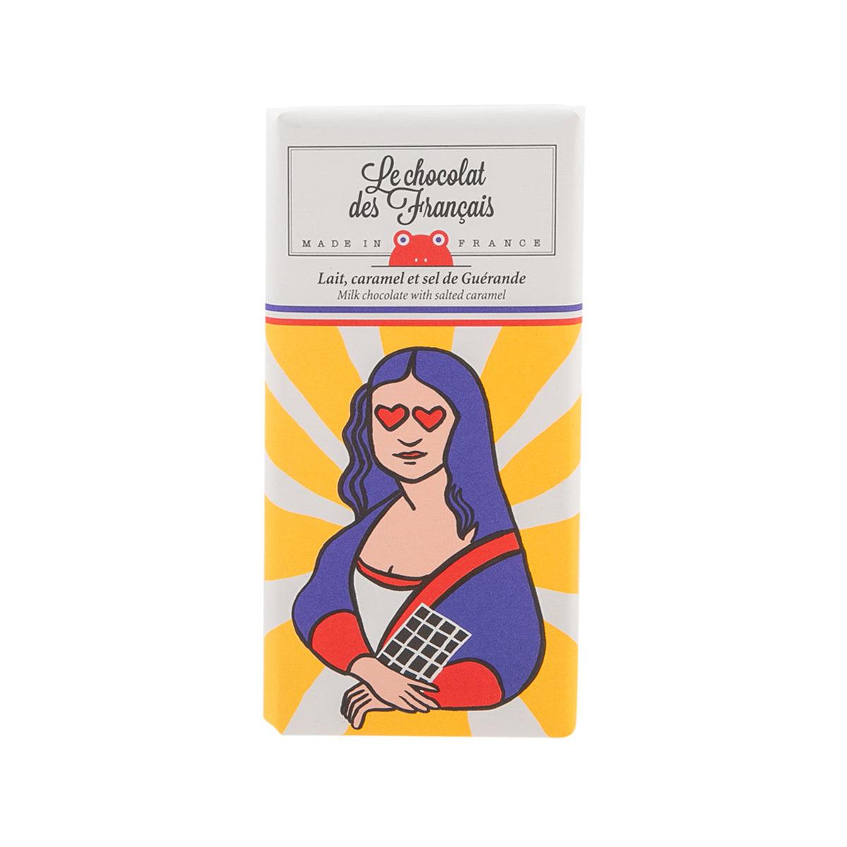 Milk chocolate bar wrapper with illustrated woman and caramel stripe graphic