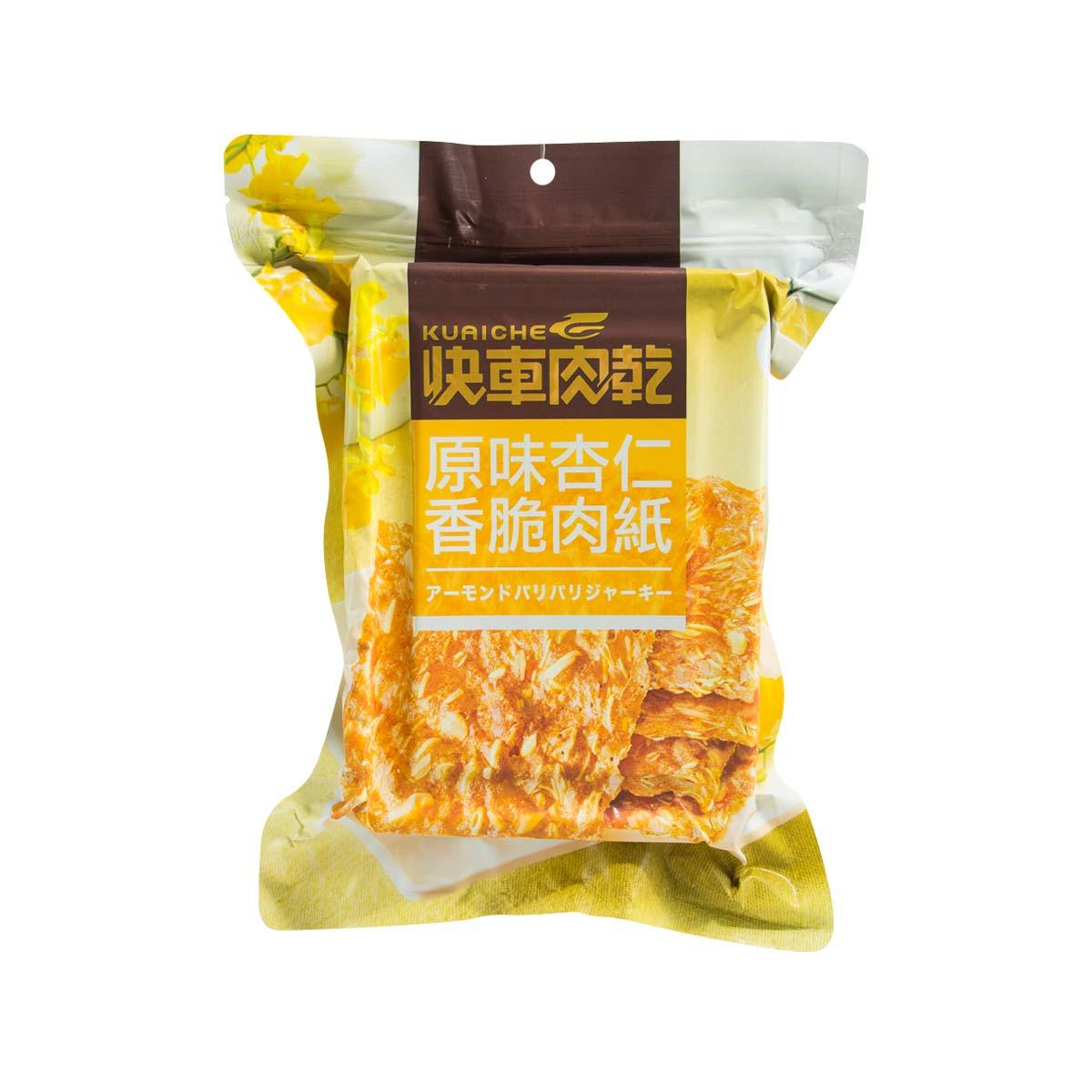 KUAI CHE thin crispy almond pork chips snack bag, yellow pouch with branded front