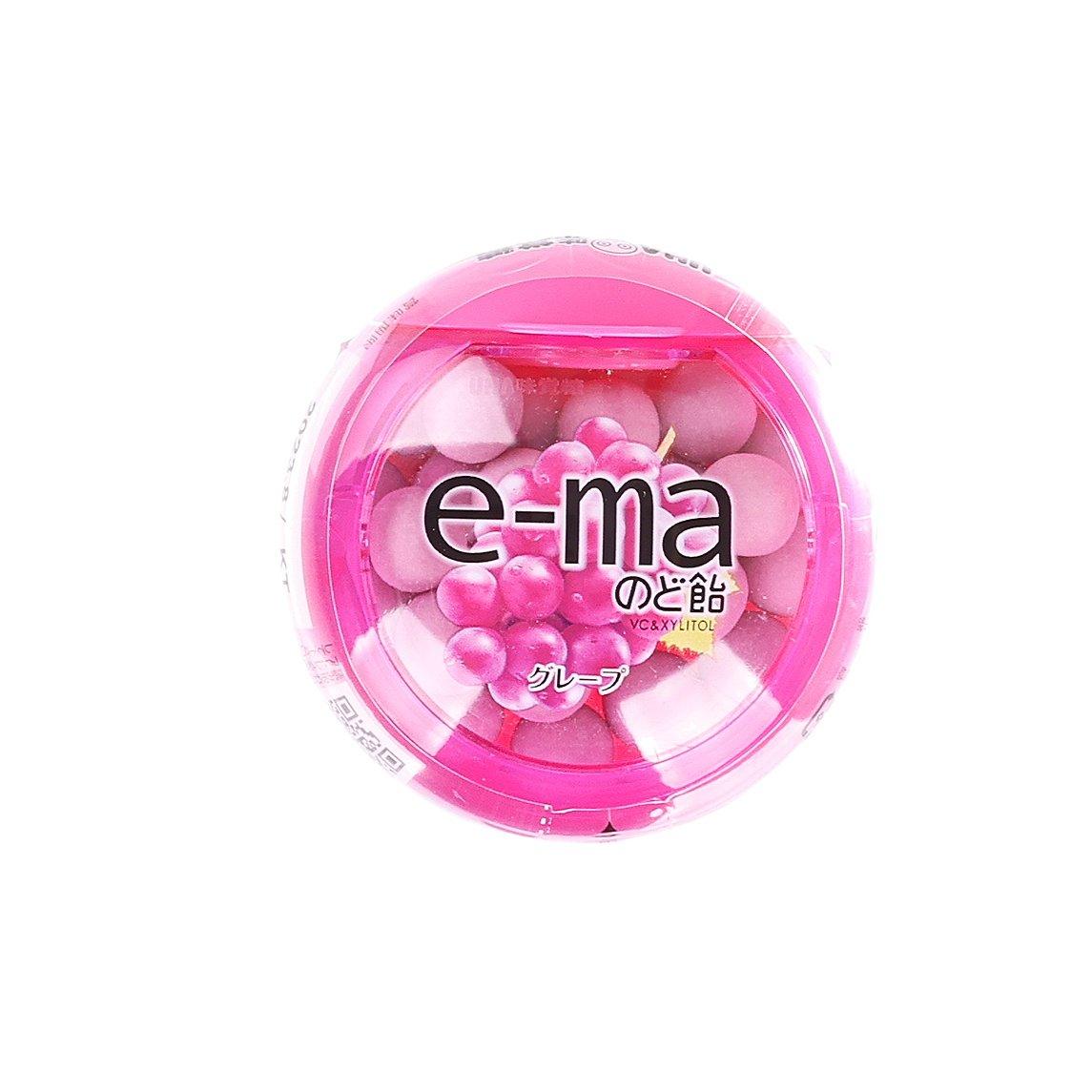 Pink circular e-ma throat candy container with grape candy illustration and lid