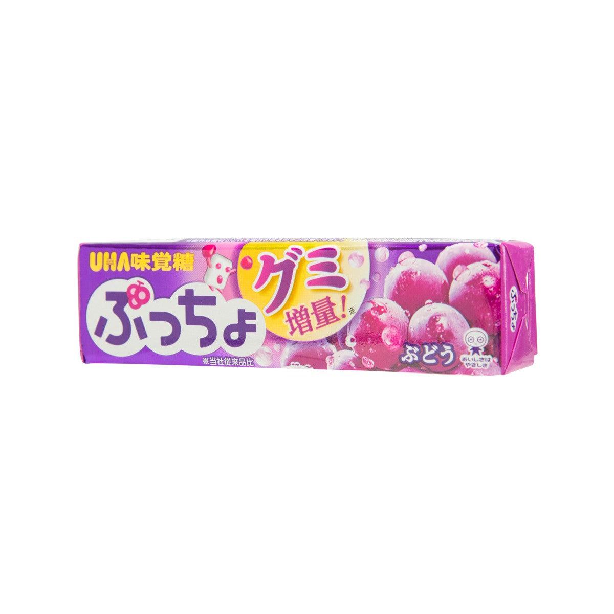UHA Puccho grape stick candy box, side view with purple grape illustrations