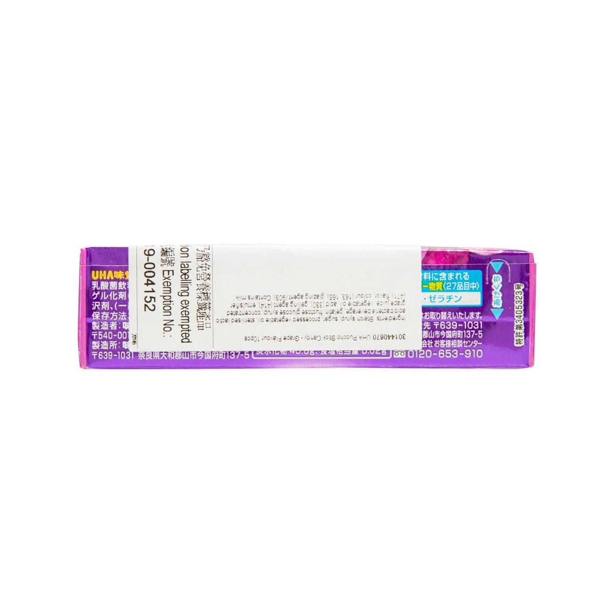 UHA Puccho grape stick candy box, back panel with ingredients and barcode