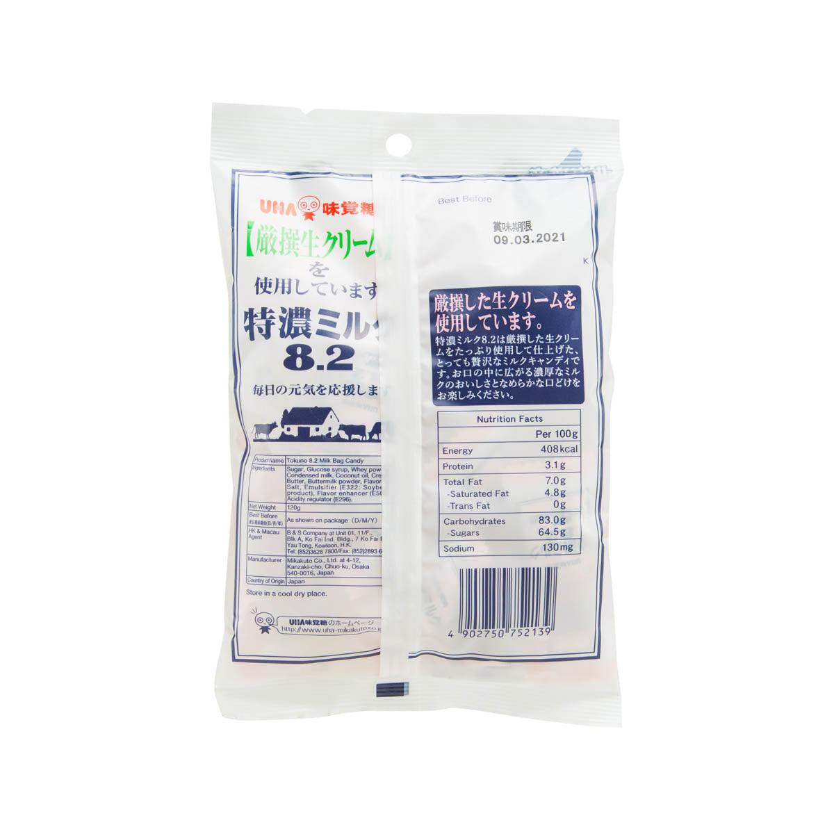 Back of salted 8.2 milk candy pouch with barcode and nutrition panel