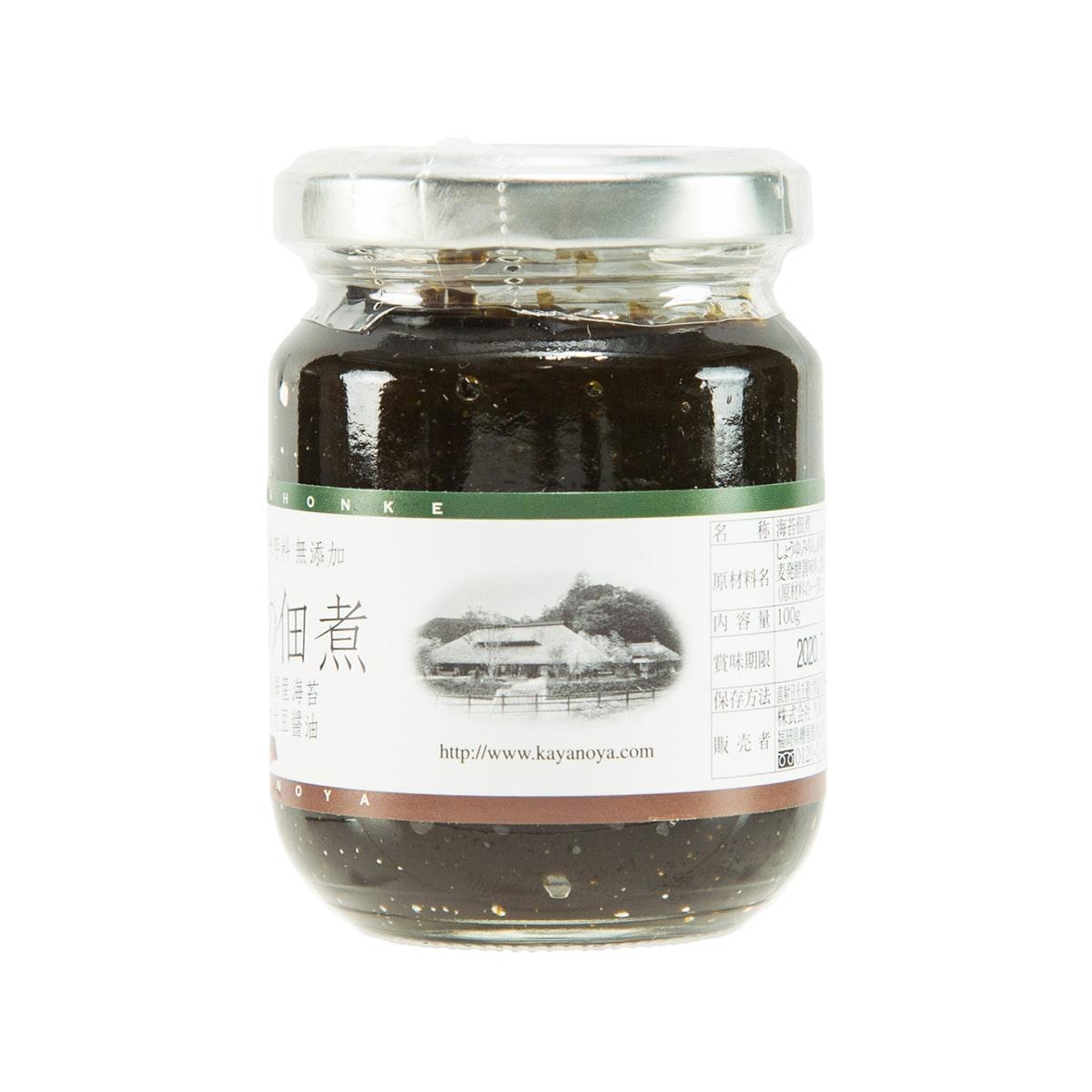 Seasoned nori seaweed in soy sauce glass jar, front label visible, silver cap