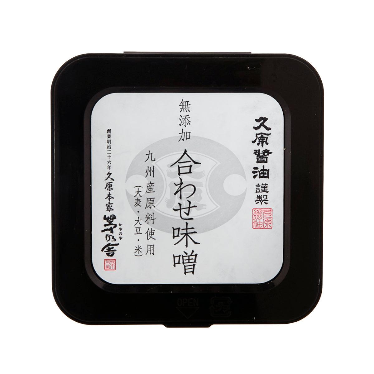 Square miso paste tub with black lid and white front label