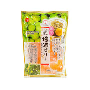 Plum sake agar candy pouch, front view with green and golden candy shapes