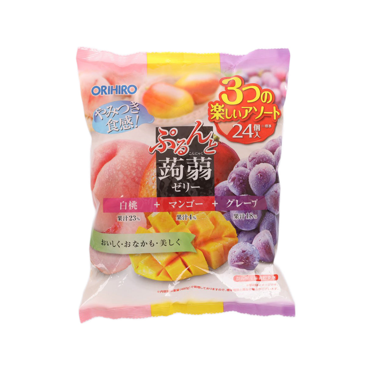 ORIHIRO konnyaku jelly pouch, peach mango grape flavors, 24-pack, front view