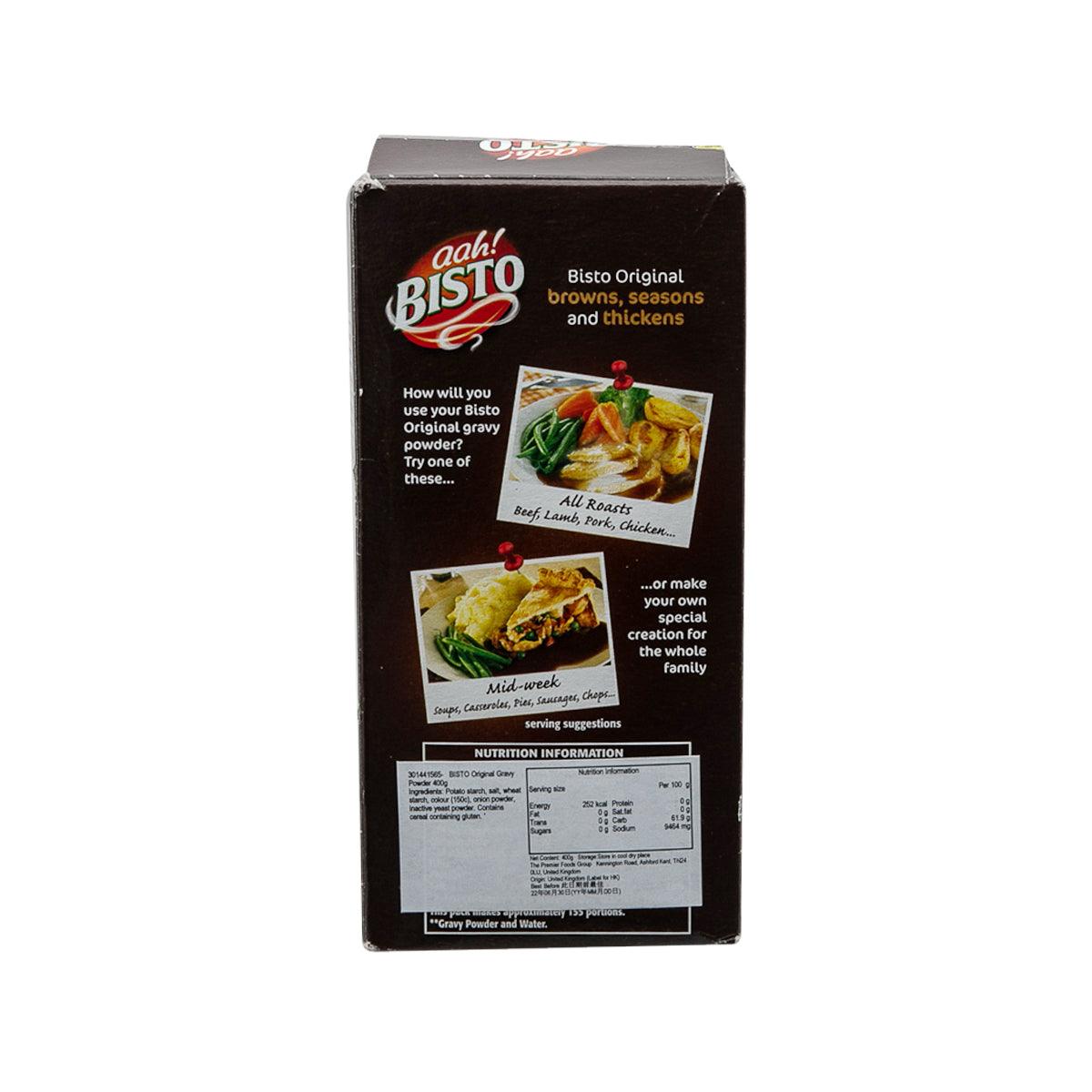 Bisto Original gravy powder carton, back panel with recipes and nutrition details