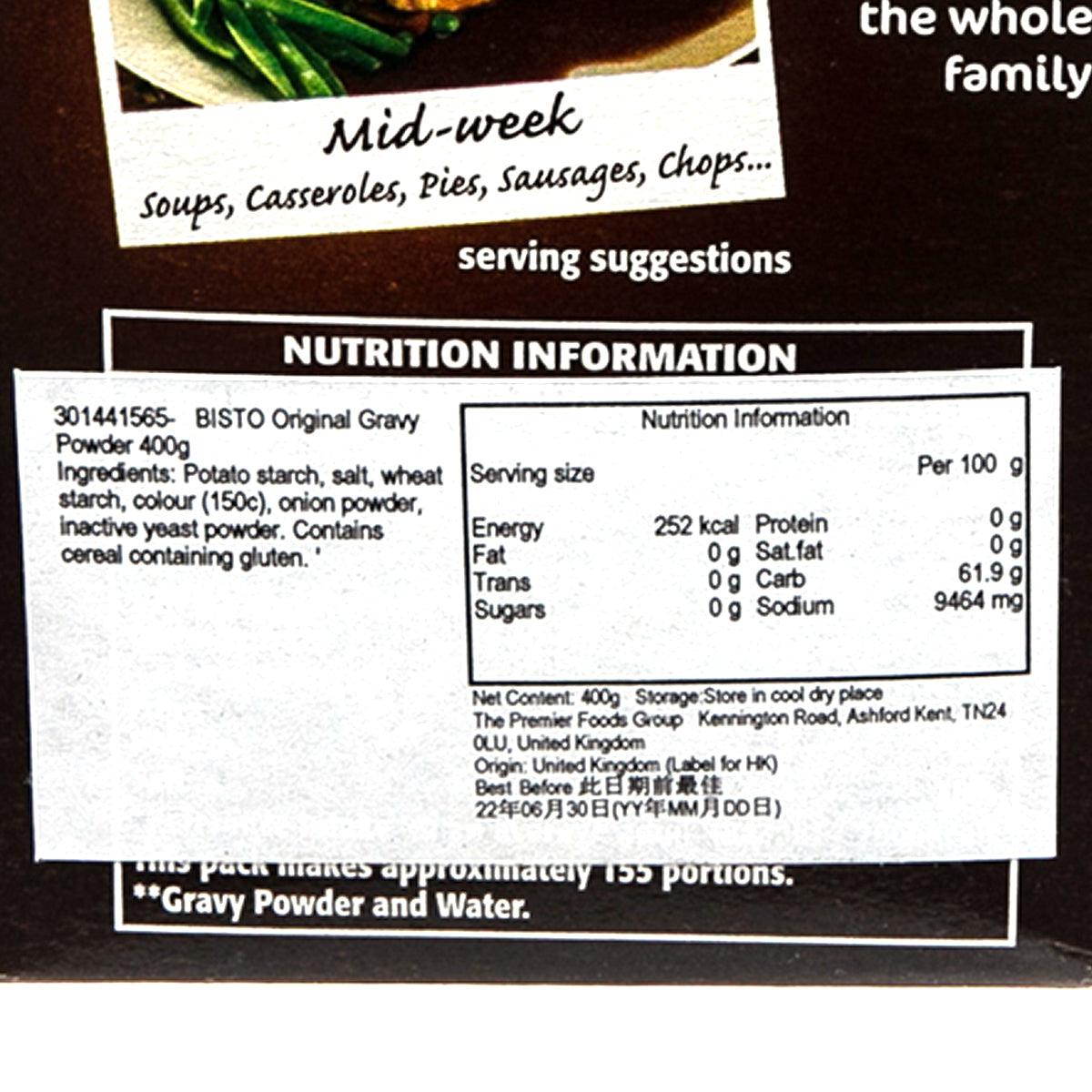 Bisto Original gravy powder box back, nutrition information label close-up