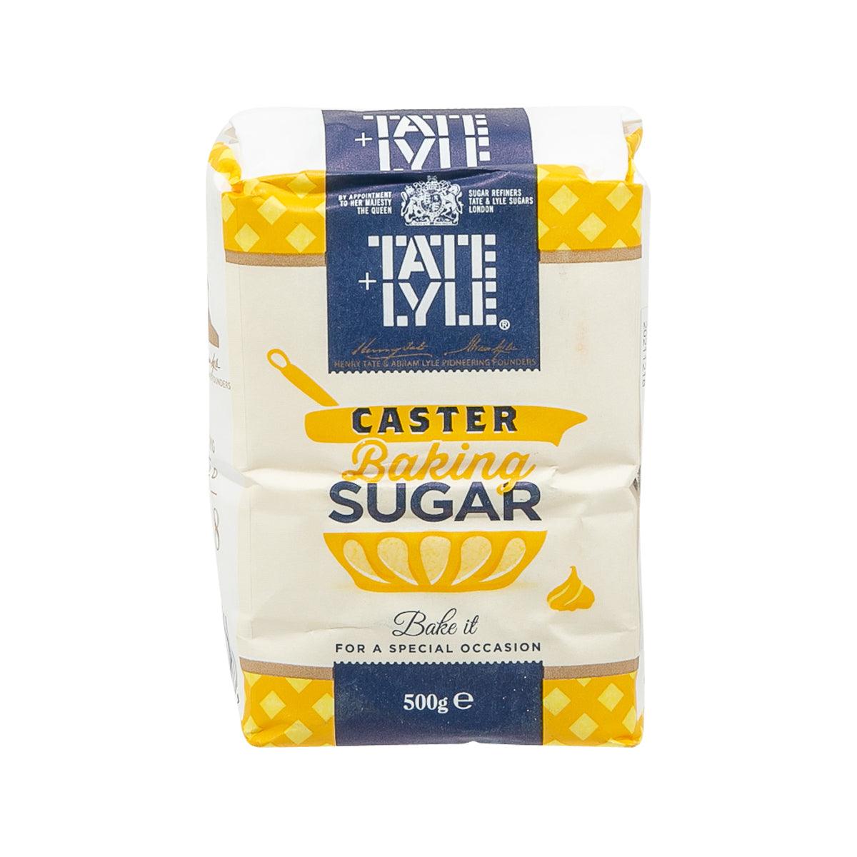 Tate & Lyle caster baking sugar bag, 500g, front view with yellow logo