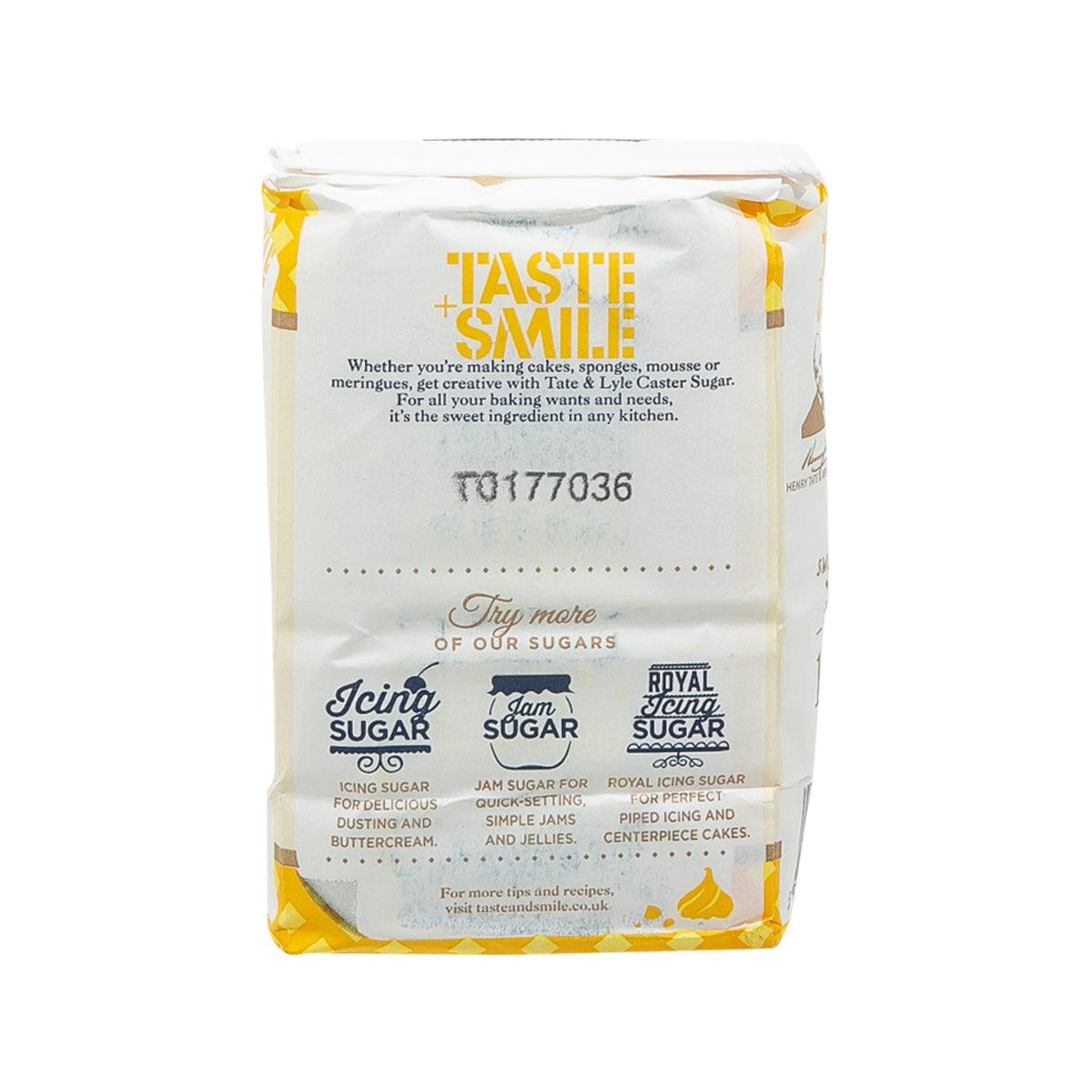 Tate & Lyle caster baking sugar bag, back view with product icons and barcode