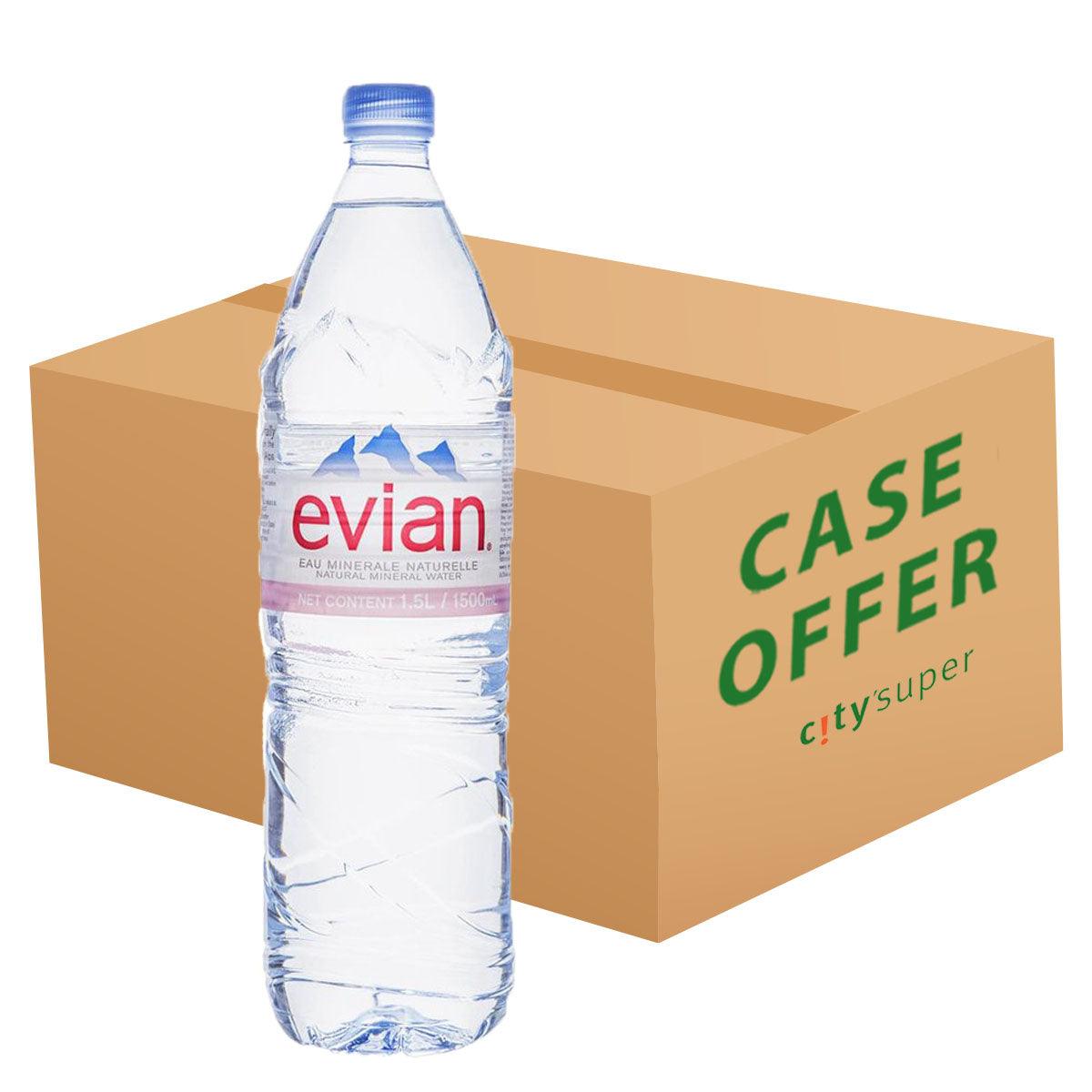 Evian natural mineral water 1.5L bottle beside CASE OFFER box