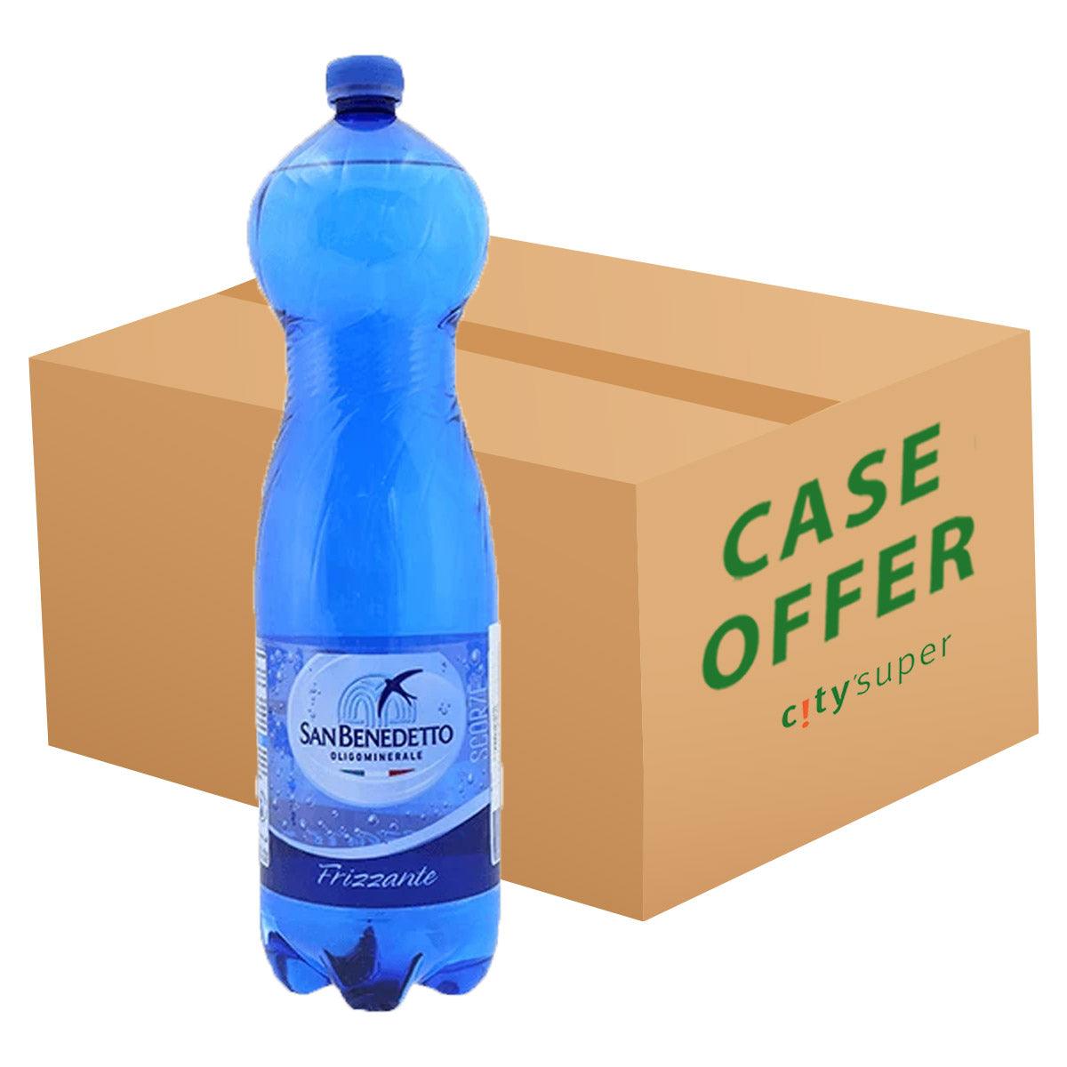 SAN BENEDETTO sparkling mineral water bottle with blue label beside cardboard case