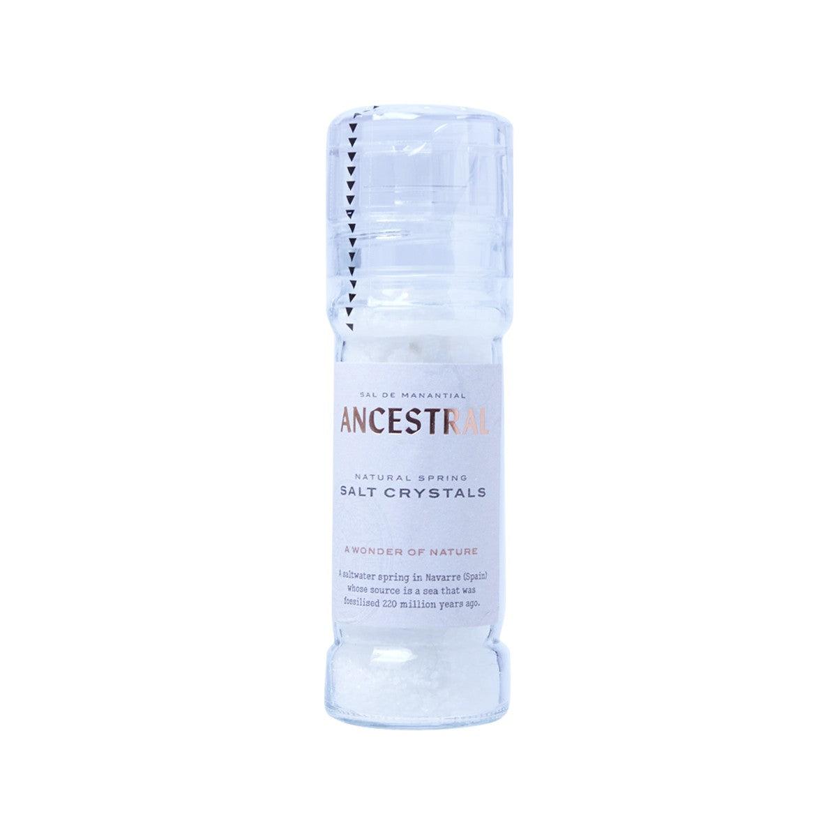 Natural spring salt crystal grinder bottle, with ANCESTRAL label and transparent cap