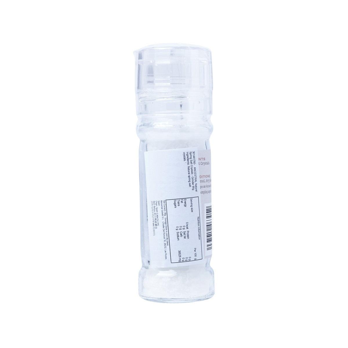 Natural spring salt crystal grinder bottle back label with barcode and transparent cap