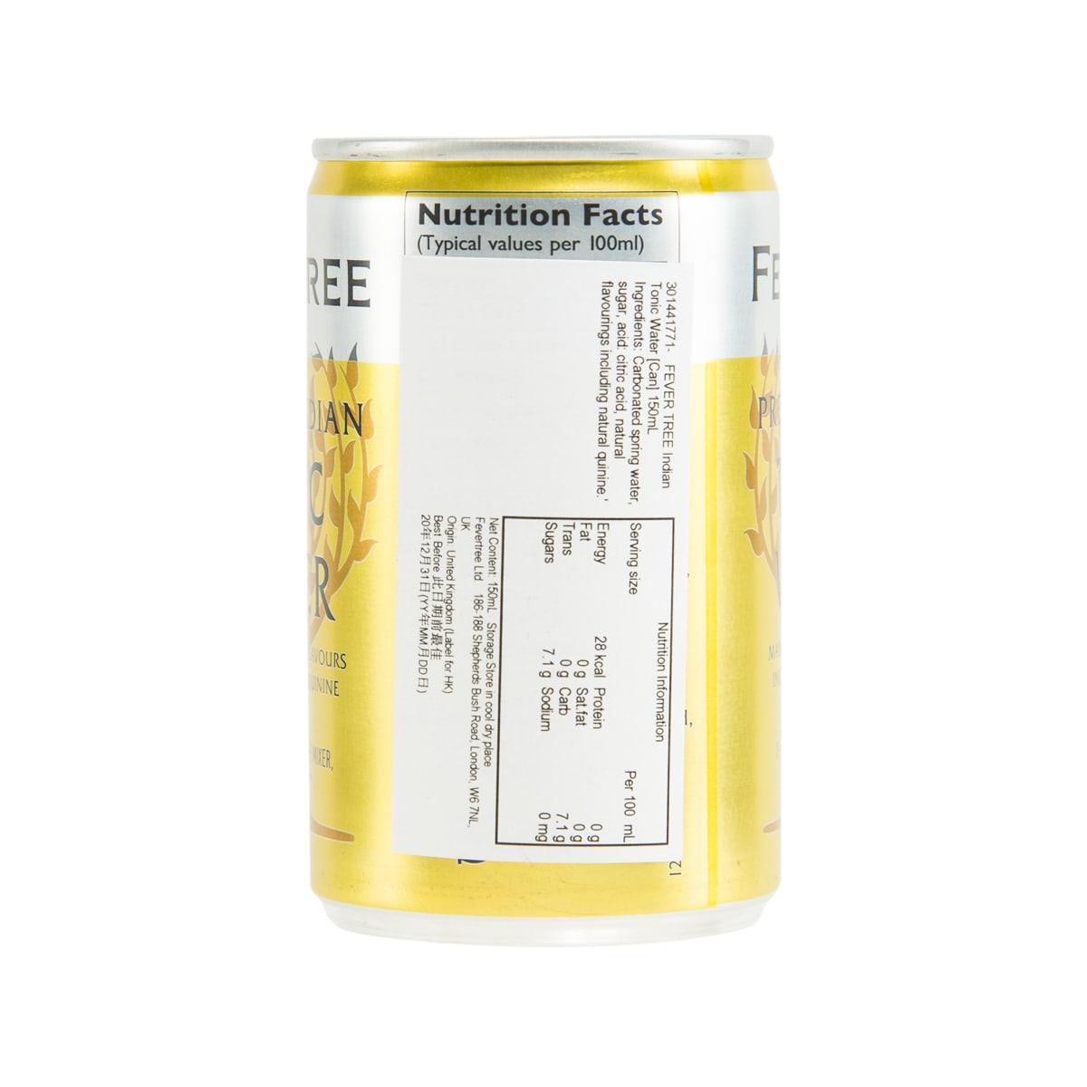 FEVER-TREE Indian tonic water can back with Nutrition Facts panel on label
