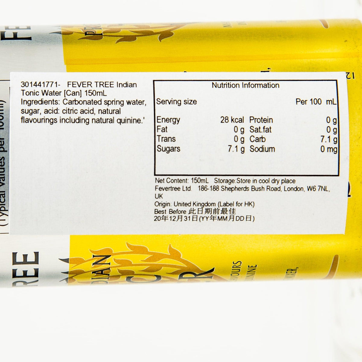 FEVER-TREE Indian tonic water can with Nutrition Information label on side
