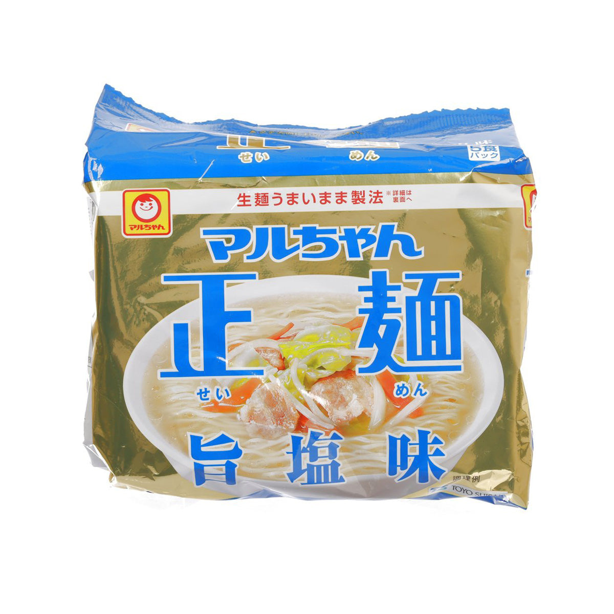 Salt flavor instant noodles package, blue and gold with large Japanese text