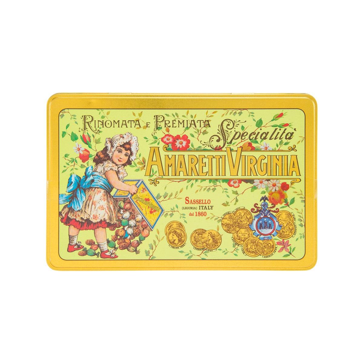 Yellow rectangular amaretti tin with illustrated label and gold accents